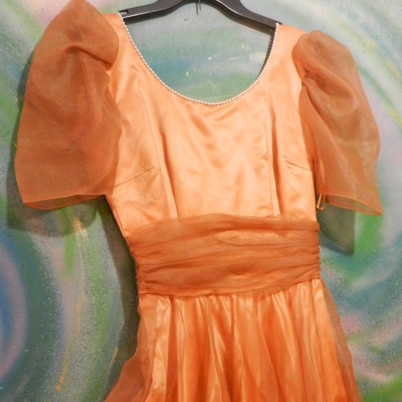 VTG Hand crafted OOAK ballgown metallic golden peach satin lace prom maxi dress - Picture 4 of 7